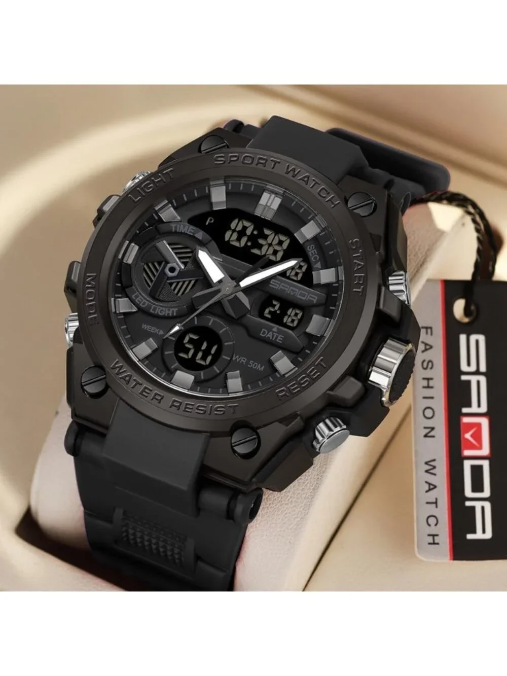 Men's All Black Analog Quartz Sports Waterproof Military Tactical Digital Watch